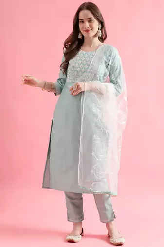Seagreen silk blend designer festive wear readymade suit