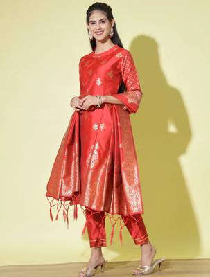 Red cotton silk jacquard designer festive wear readymade suit 2