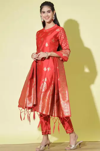 Red cotton silk jacquard designer festive wear readymade suit
