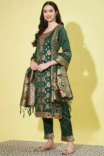 Green cotton silk jacquard designer festive wear readymade suit