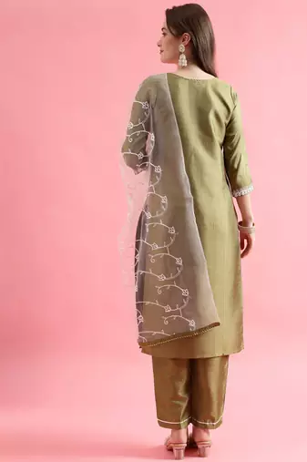 Light pista silk blend designer festive wear readymade suit