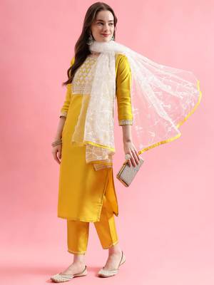 Yellow silk blend designer festive wear readymade suit 2