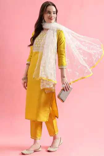 Yellow silk blend designer festive wear readymade suit