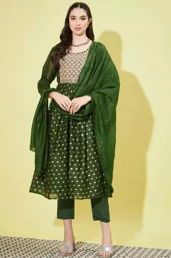 Mehendi green chanderi modal butti designer festive wear readymade suit