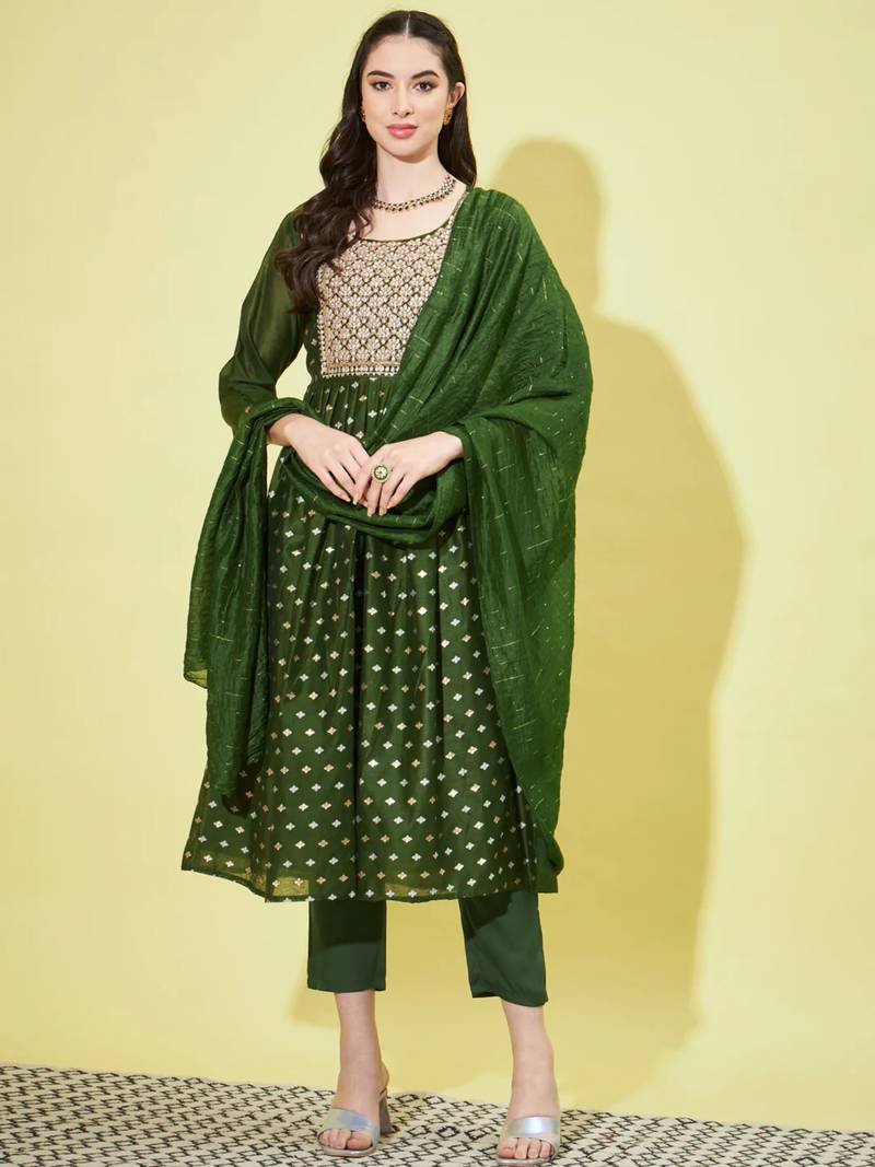 Mehendi green chanderi modal butti designer festive wear readymade suit