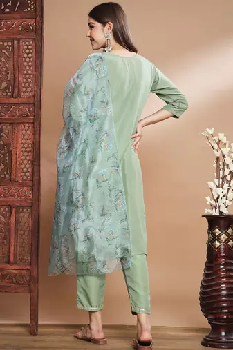 Green silk blend designer festive wear readymade suit