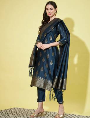 Blue cotton silk jacquard designer festive wear readymade suit 2