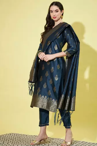 Blue cotton silk jacquard designer festive wear readymade suit