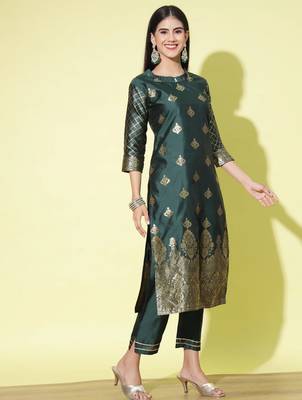Green cotton silk jacquard designer festive wear readymade suit 3