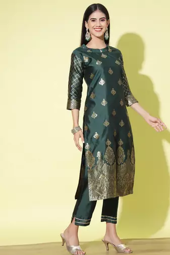 Green cotton silk jacquard designer festive wear readymade suit