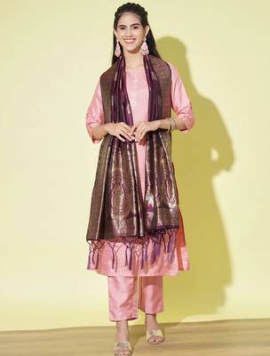 Baby-pink cotton silk blend designer festive wear readymade suit 1