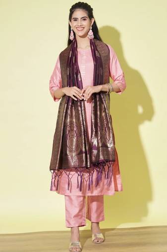 Baby-pink cotton silk blend designer festive wear readymade suit