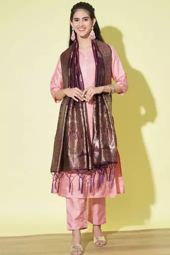 Baby-pink cotton silk blend designer festive wear readymade suit