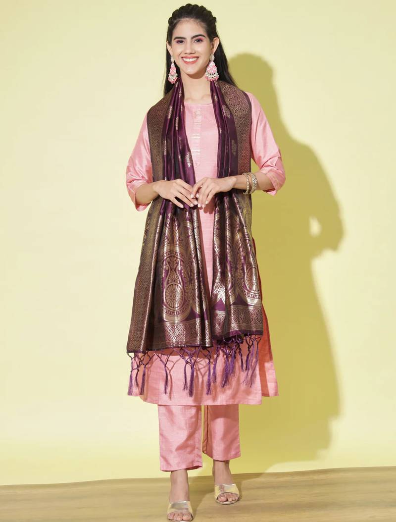 Baby-pink cotton silk blend designer festive wear readymade suit