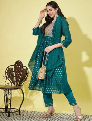 Teal chanderi modal butti designer festive wear readymade suit 2