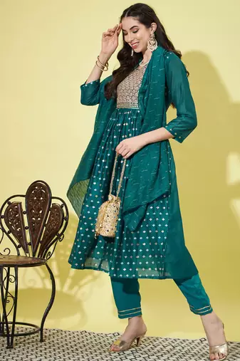 Teal chanderi modal butti designer festive wear readymade suit