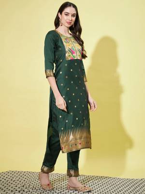 Green silk jacquard designer festive wear readymade suit 3