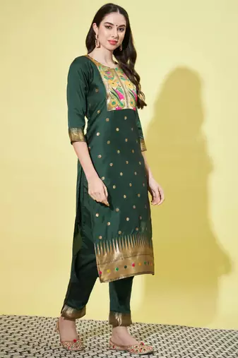 Green silk jacquard designer festive wear readymade suit