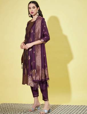 Purple cotton silk jacquard designer festive wear readymade suit 2