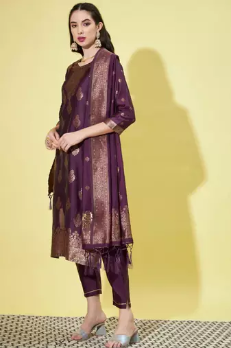 Purple cotton silk jacquard designer festive wear readymade suit