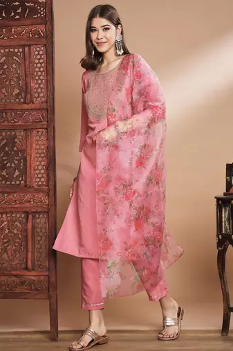 Pink silk blend designer festive wear readymade suit