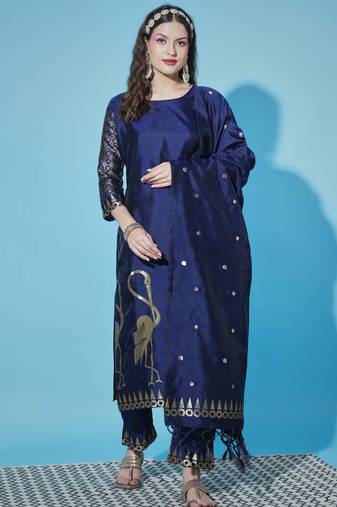 Navy blue cotton silk jacquard designer festive wear readymade suit