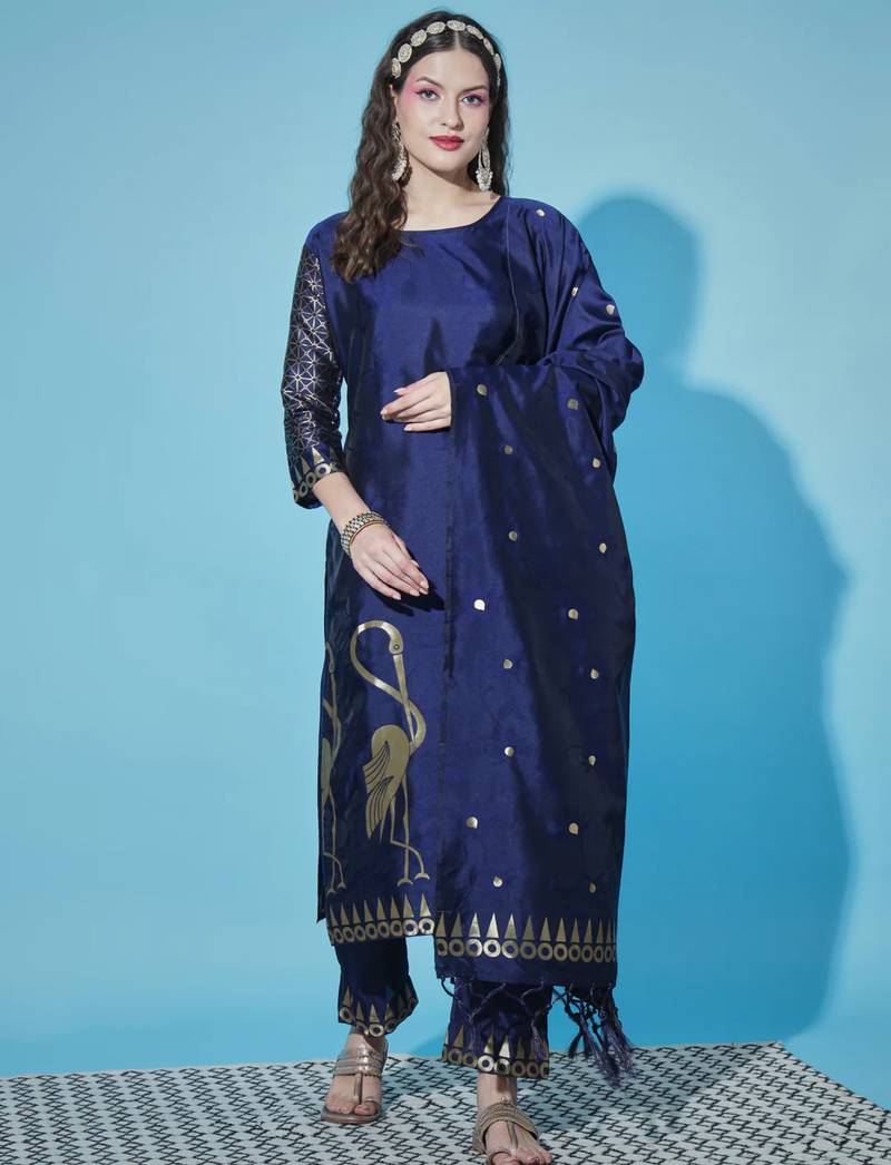 Navy blue cotton silk jacquard designer festive wear readymade suit