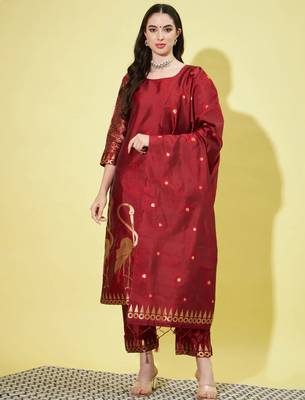 Maroon cotton silk jacquard designer festive wear readymade suit 1