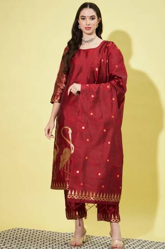 Maroon cotton silk jacquard designer festive wear readymade suit