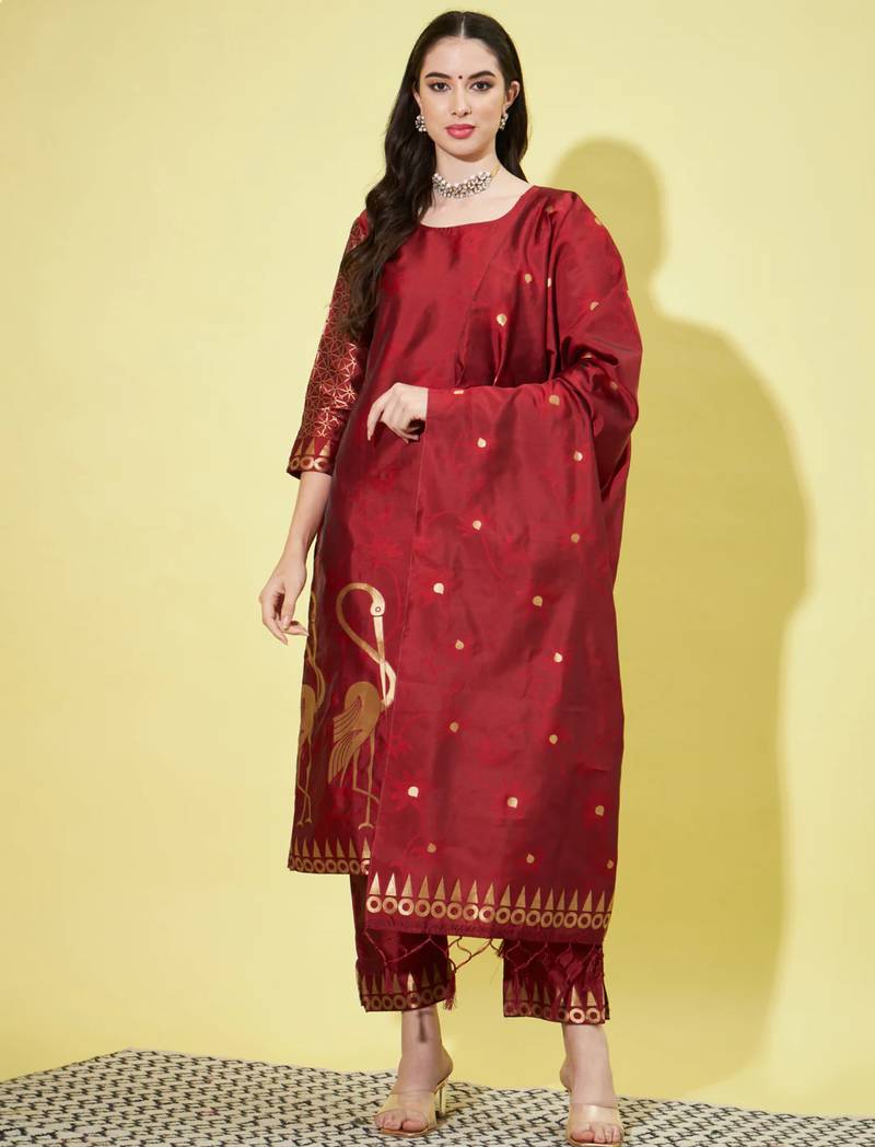 Maroon cotton silk jacquard designer festive wear readymade suit
