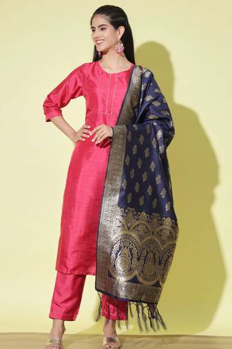 Cherry-red cotton silk blend designer festive wear readymade suit