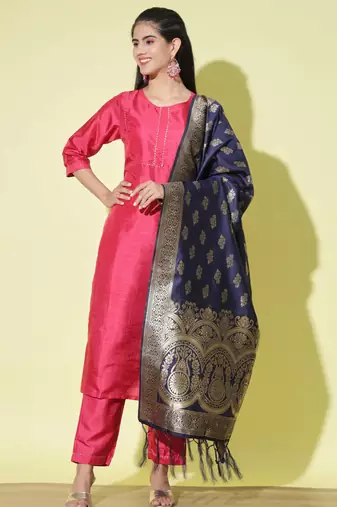 Cherry-red cotton silk blend designer festive wear readymade suit