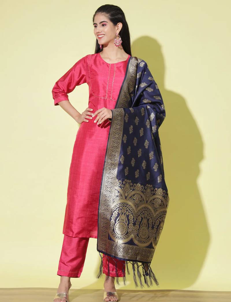 Cherry-red cotton silk blend designer festive wear readymade suit