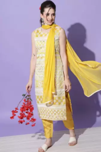 Yellow silk blend designer festive wear readymade suit