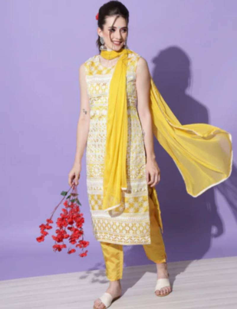 Yellow silk blend designer festive wear readymade suit