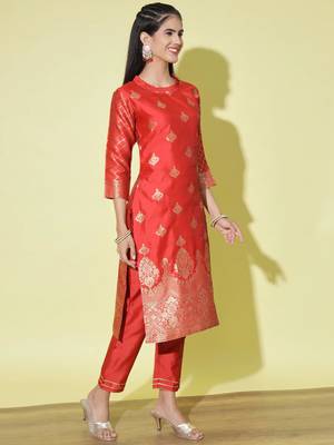 Red cotton silk jacquard designer festive wear readymade suit 3