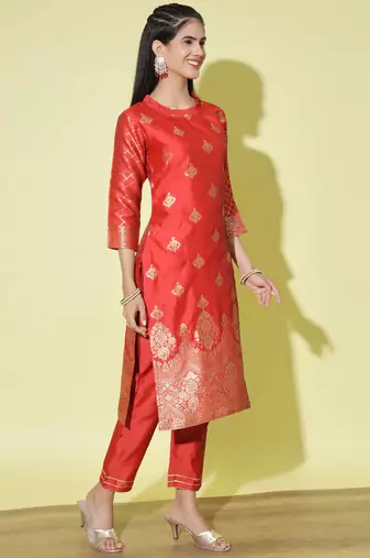 Red cotton silk jacquard designer festive wear readymade suit