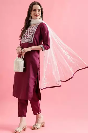 Purple silk blend designer festive wear readymade suit