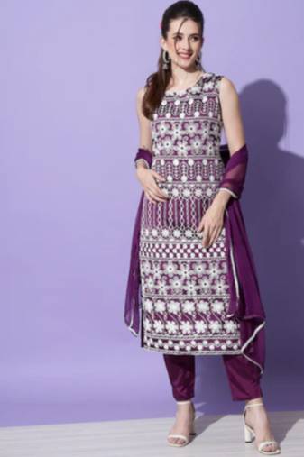 Wine silk blend designer festive wear readymade suit