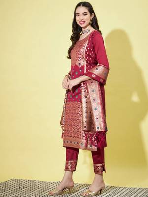 Maroon cotton silk jacquard designer festive wear readymade suit 2