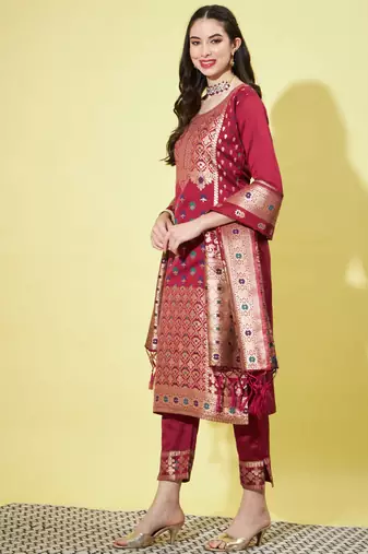 Maroon cotton silk jacquard designer festive wear readymade suit
