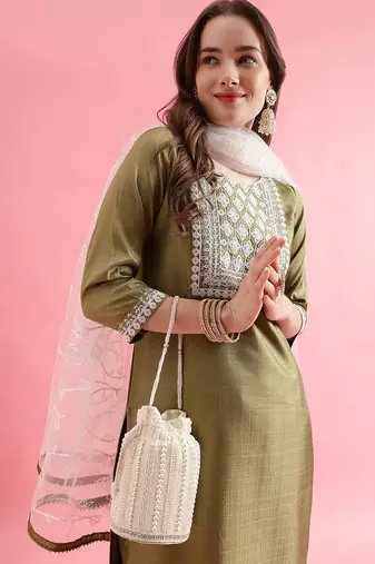 Light pista silk blend designer festive wear readymade suit