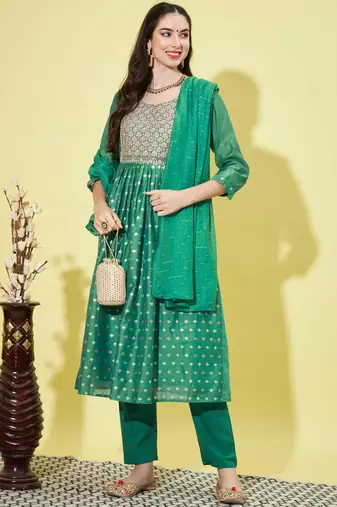 Rama green chanderi modal butti designer festive wear readymade suit