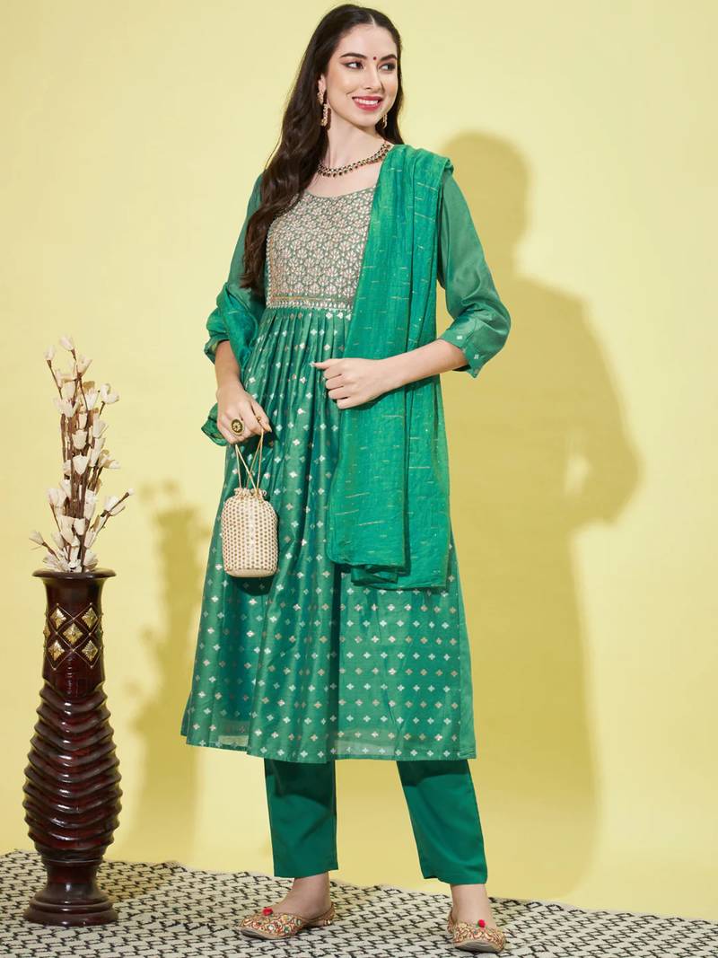 Rama green chanderi modal butti designer festive wear readymade suit