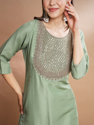 Green silk blend designer festive wear readymade suit 4
