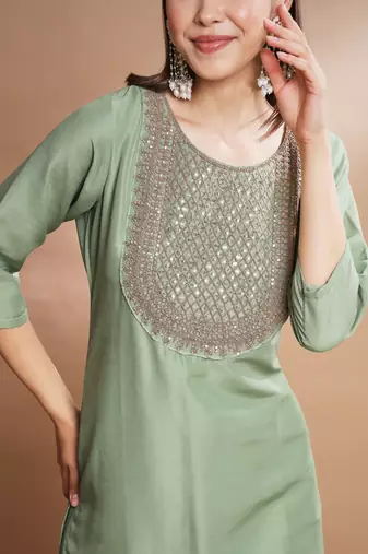 Green silk blend designer festive wear readymade suit