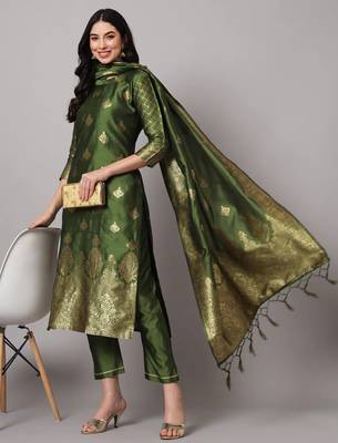 Mehandi cotton silk jacquard designer festive wear readymade suit 2