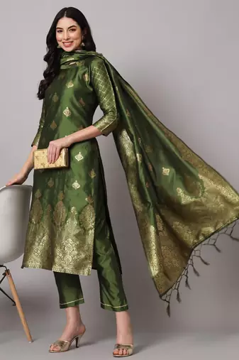 Mehandi cotton silk jacquard designer festive wear readymade suit