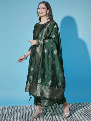 Green cotton silk jacquard designer festive wear readymade suit 2