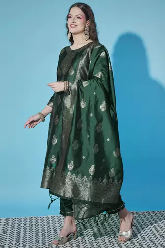 Green cotton silk jacquard designer festive wear readymade suit